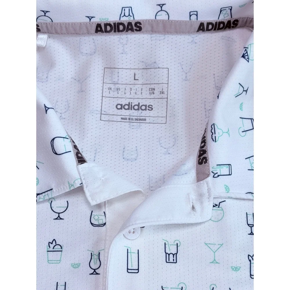 Adidas Golf Mens Large White Cocktail Drink Print Performance Polo Shirt Vaca